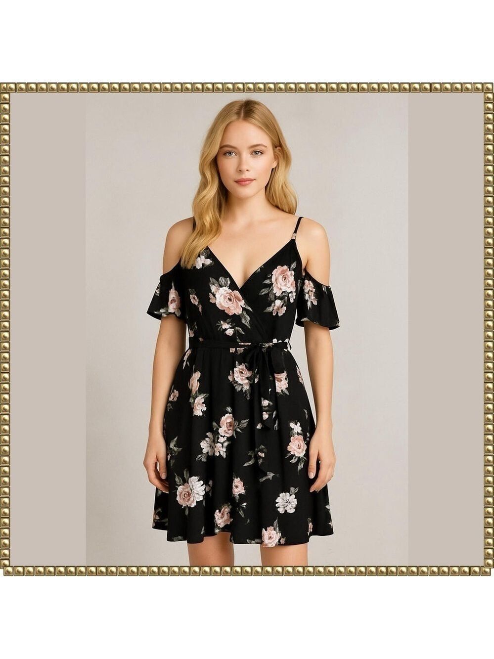Black Floral Wrap Cold Shoulder Dress Extra Large XL